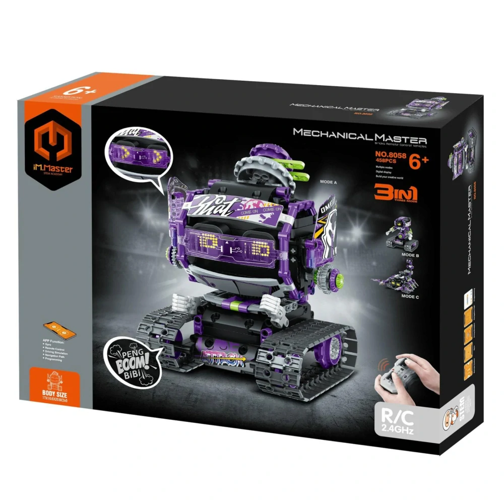 Stavebnice iM.MASTER robot RC 3v1 2,4GHz 459 dílků na baterie + dobíjecí pack v krabici 35x27x7cm