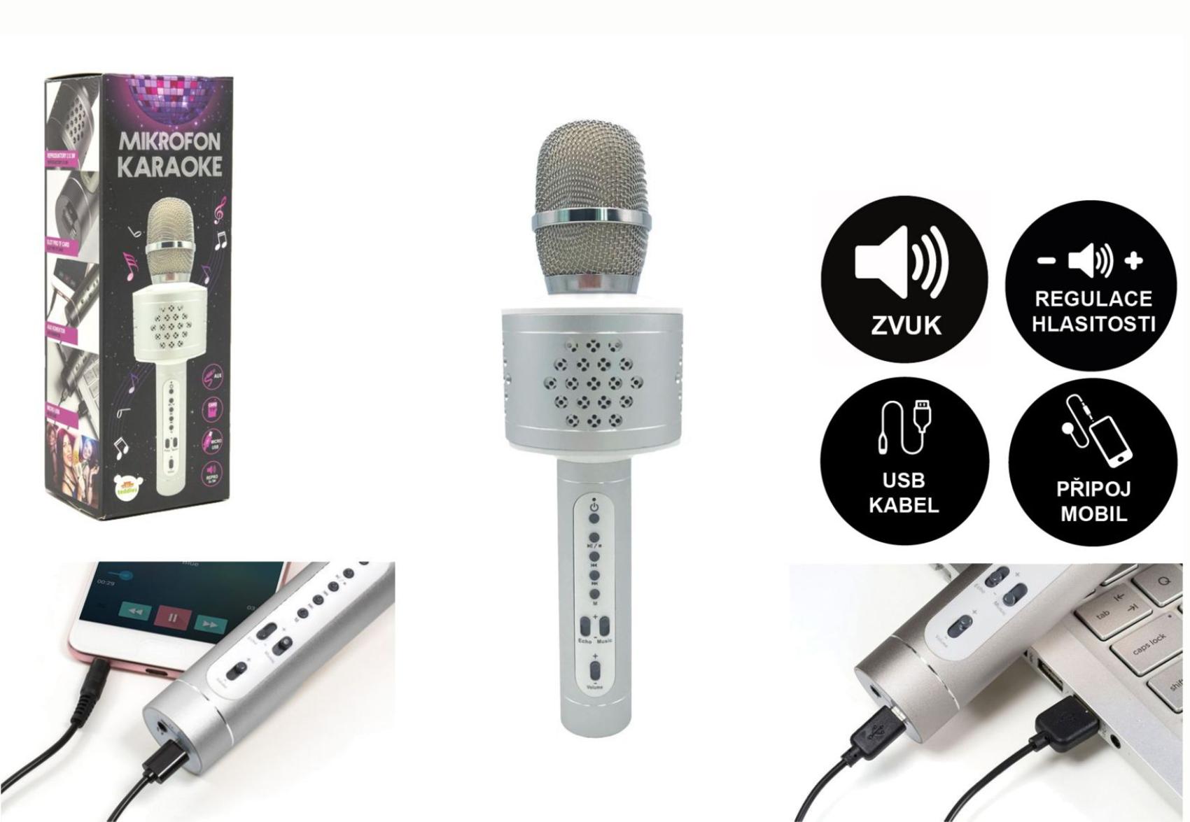 Mikrofon karaoke Bluetooth stříbrný na baterie s USB kabelem v krabici 10x28x8,5cm