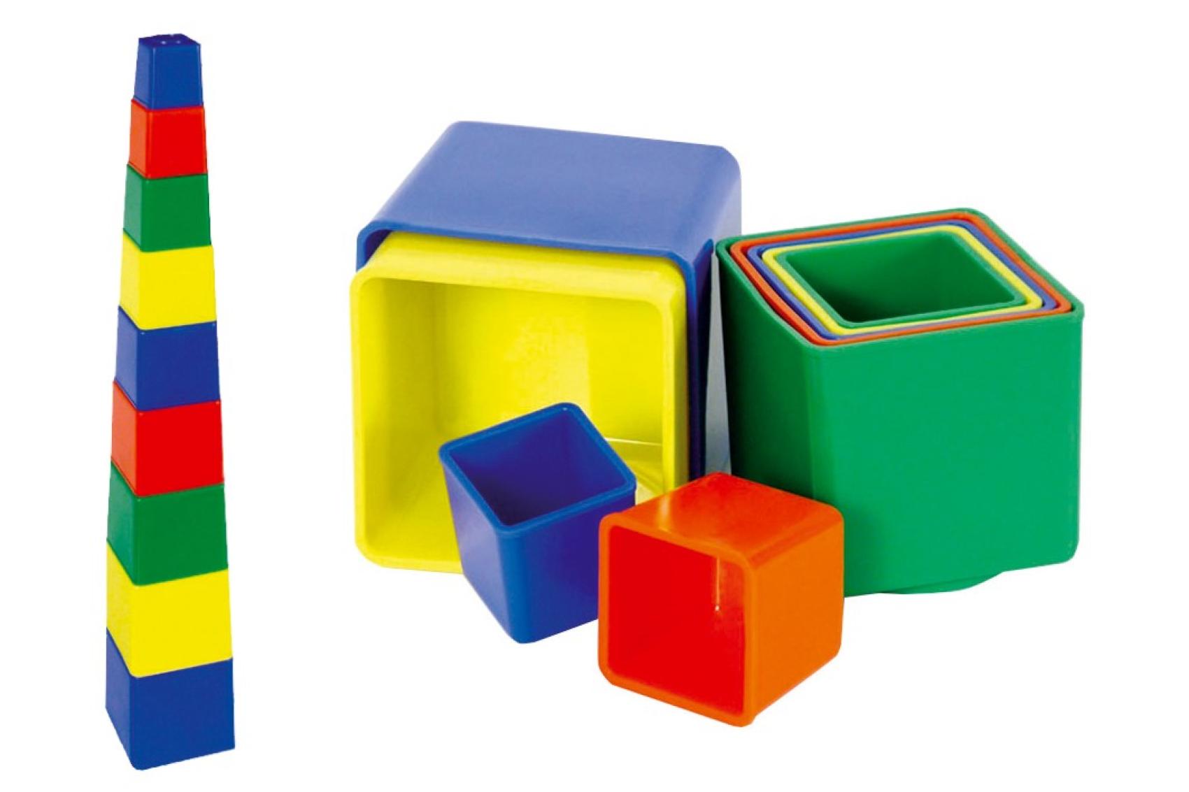 Kubus pyramida skládanka hranatá plast 9ks v sáčku 9x9x9cm 12m+
