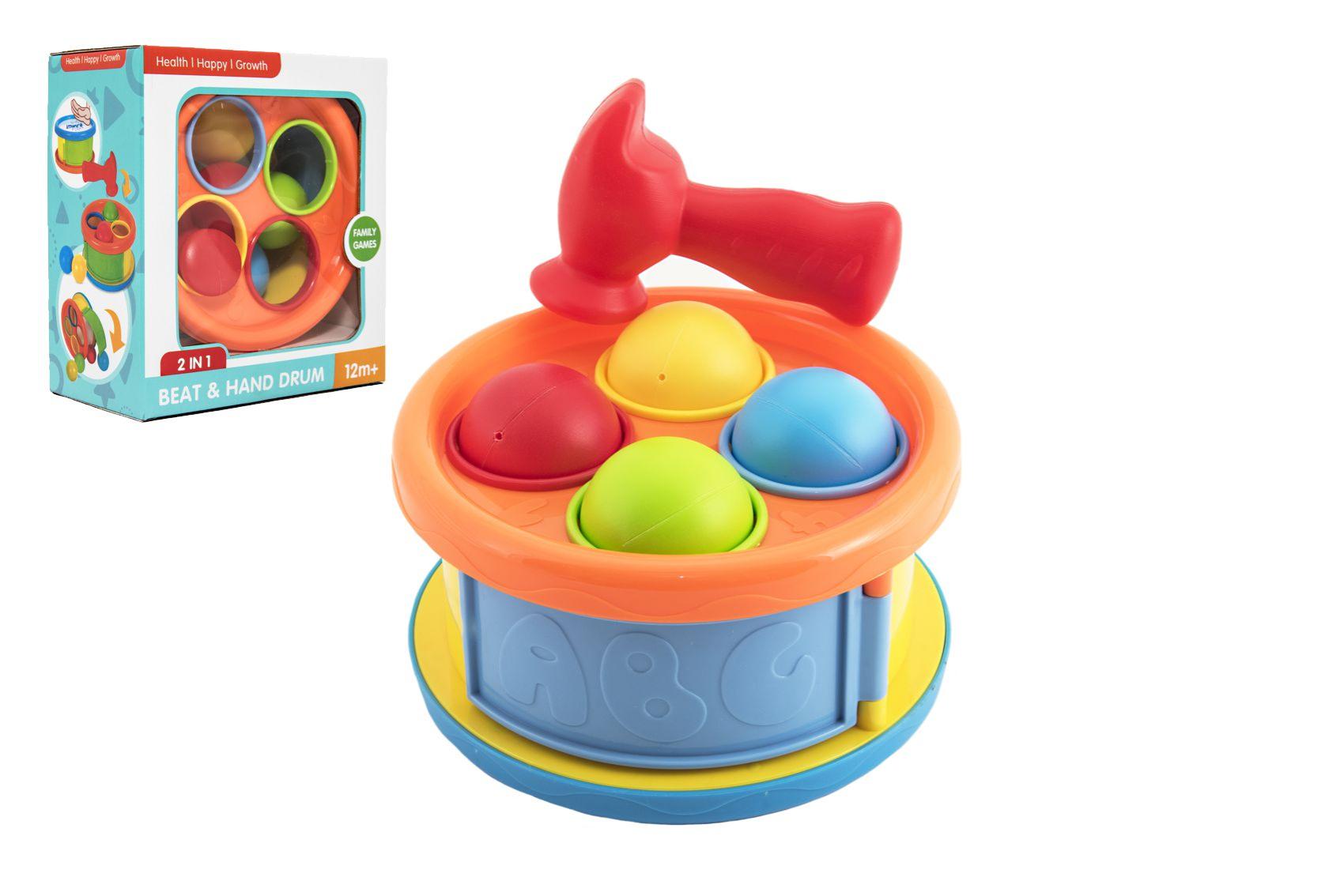 Zatloukačka/Bubínek 17cm 2v1 plast s kladívkem s míčky 4ks y v krabici 18x20x10cm 12m+