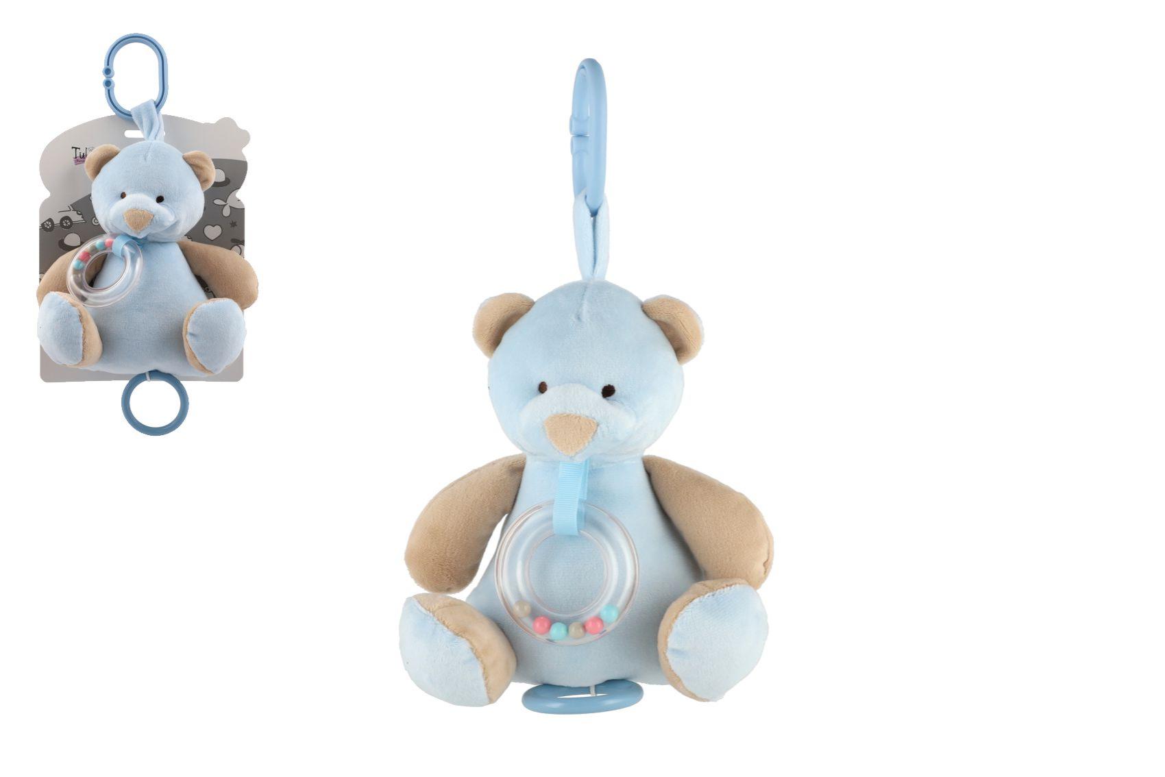 Medvěd plyš 18cm závěs na postýlku/kočárek nat. hrací strojek modrý na kartě v sáčku 0+