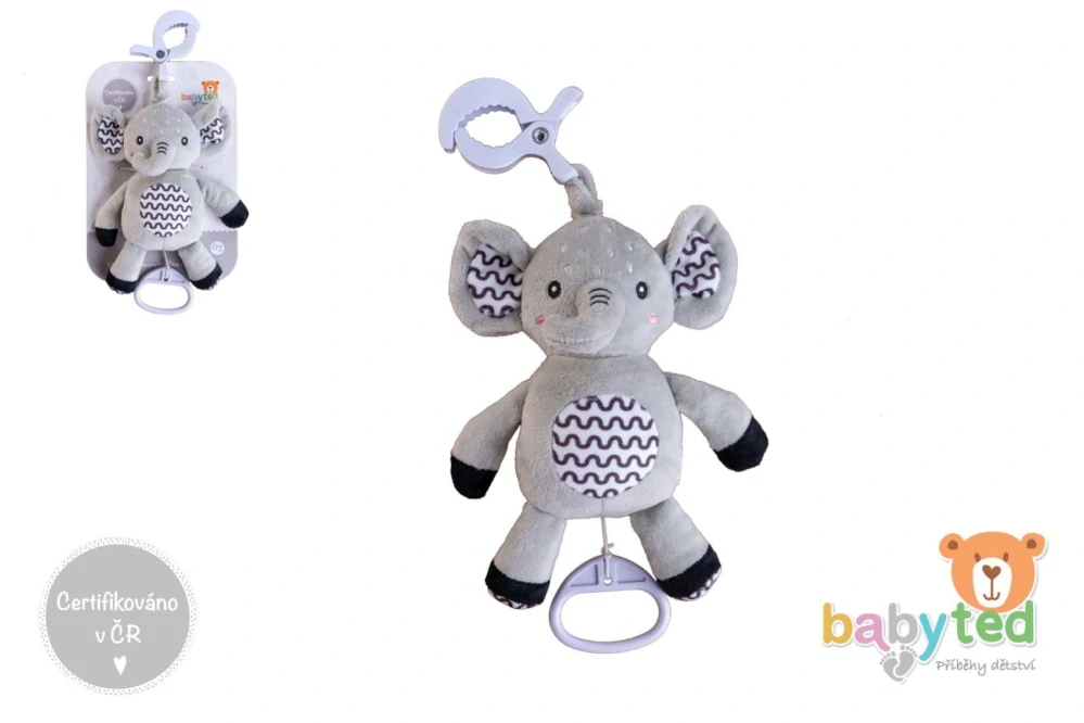 Slon babyted natahovací hrací strojek plyš 30cm závěs na postýlku/kočárek