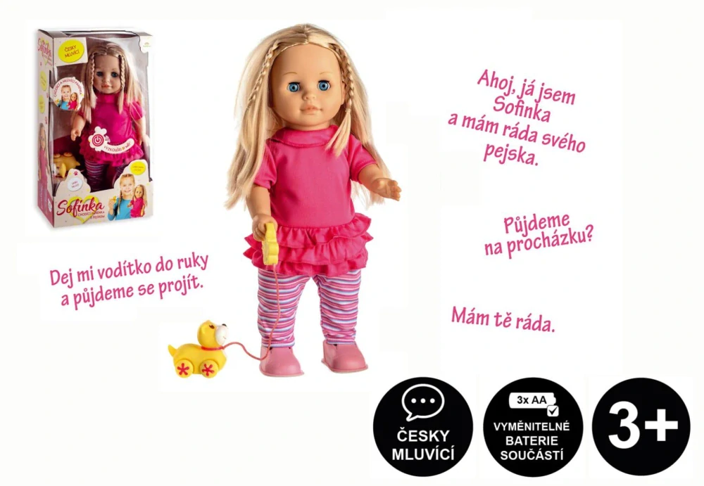 Panenka Sofinka s pejskem chodící a česky mluvící