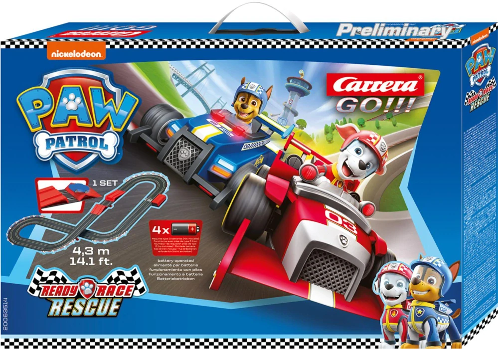 Autodráha Carrera GO!!! 63514 Tlapková Patrola/Paw Patrol 4,3m + 2 formule v krabici 54x36x7cm