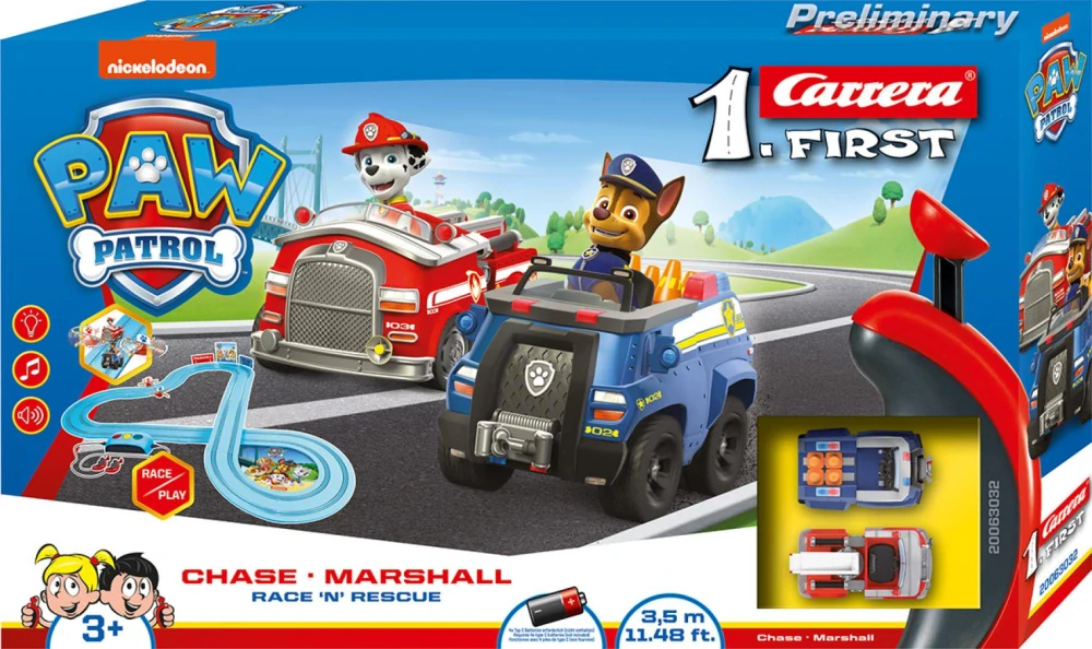 Autodráha Carrera First Paw Patrol/Tlapková Patrola 3,5m plast +2 auta na bat. v krabici 50x30x8cm