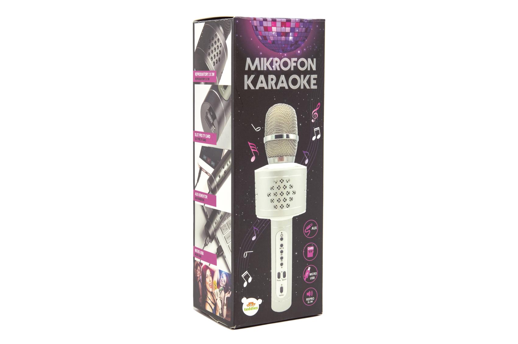 Mikrofon karaoke Bluetooth stříbrný na baterie s USB kabelem v krabici 10x28x8,5cm