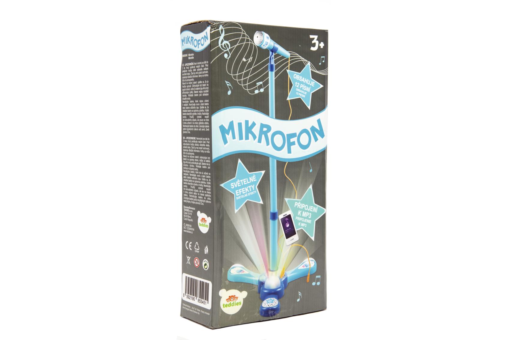 Mikrofon karaoke modrý plast na baterie se světlem se zvukem v krabici 17x34x7cm