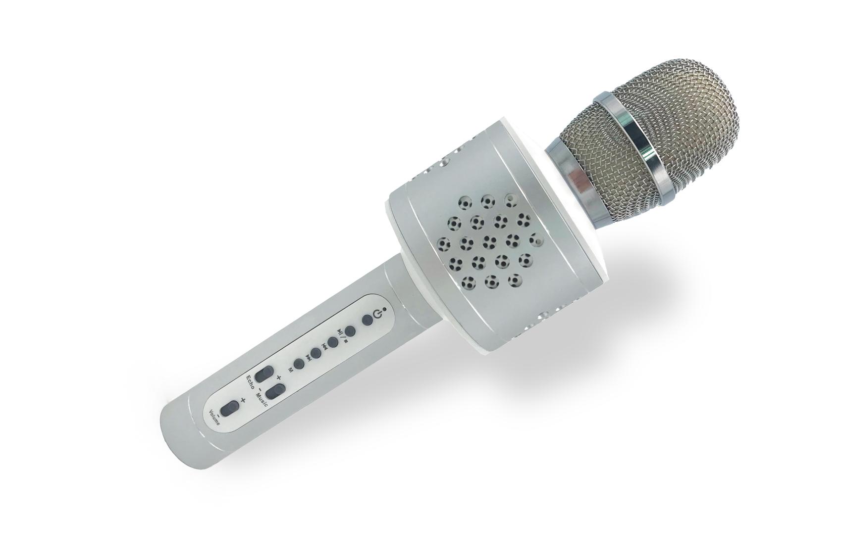 Mikrofon karaoke Bluetooth stříbrný na baterie s USB kabelem v krabici 10x28x8,5cm