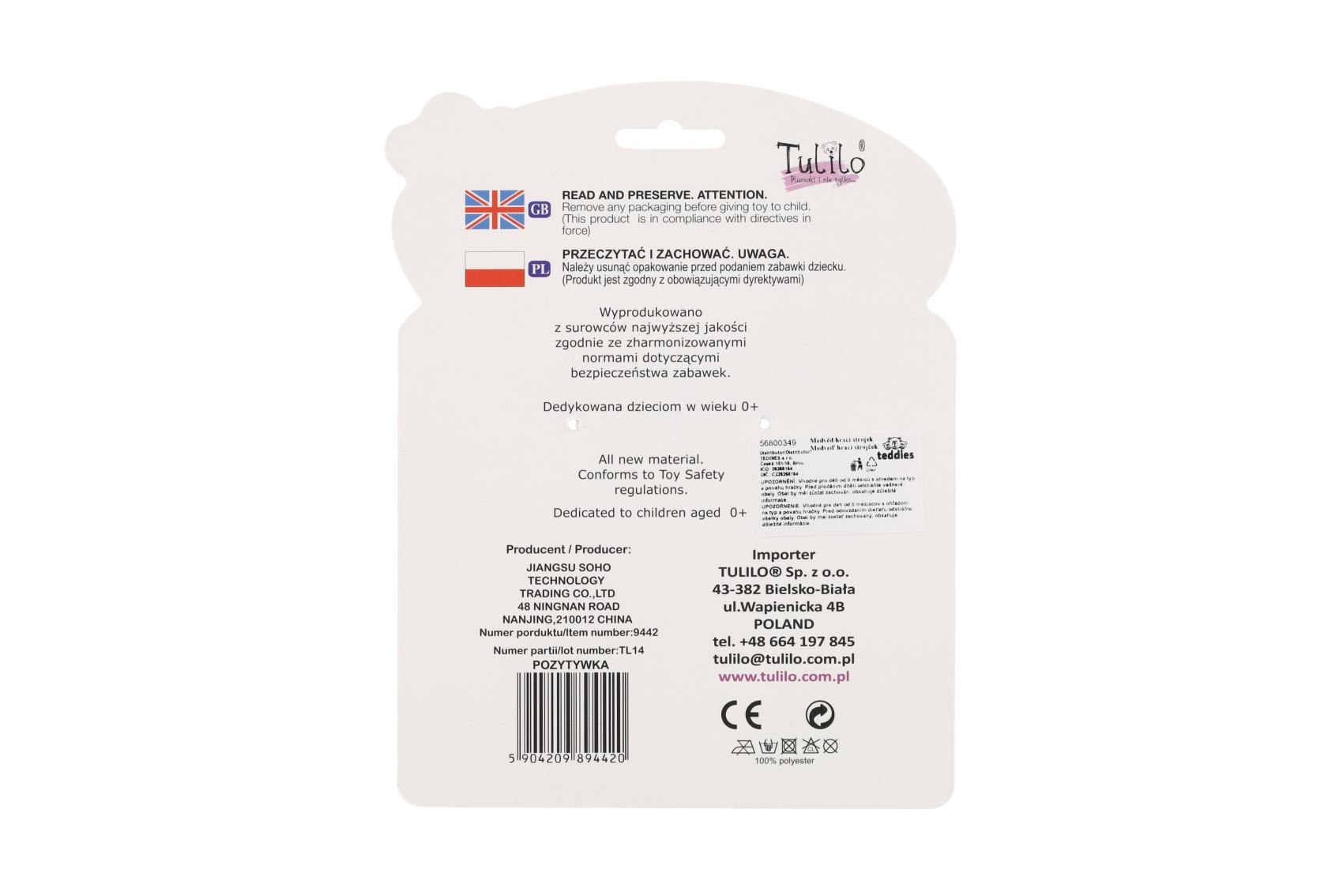 Medvěd plyš 18cm závěs na postýlku/kočárek nat. hrací strojek modrý na kartě v sáčku 0+
