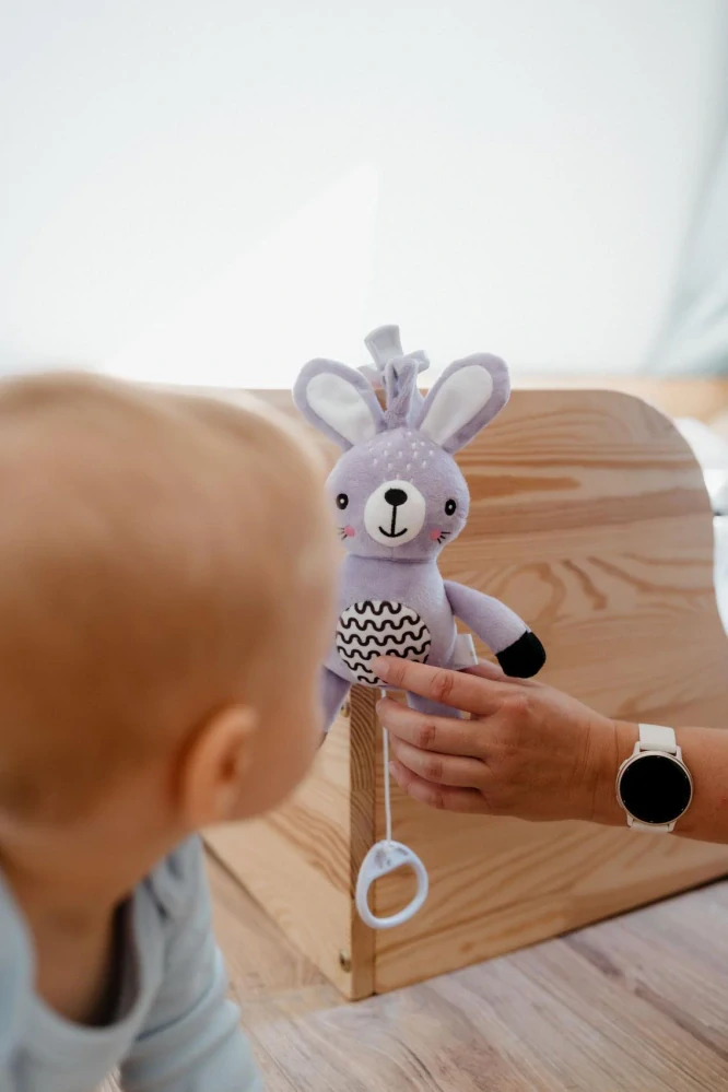 Zajíček babyted natahovací hrací strojek plyš 30cm závěs na postýlku/kočárek