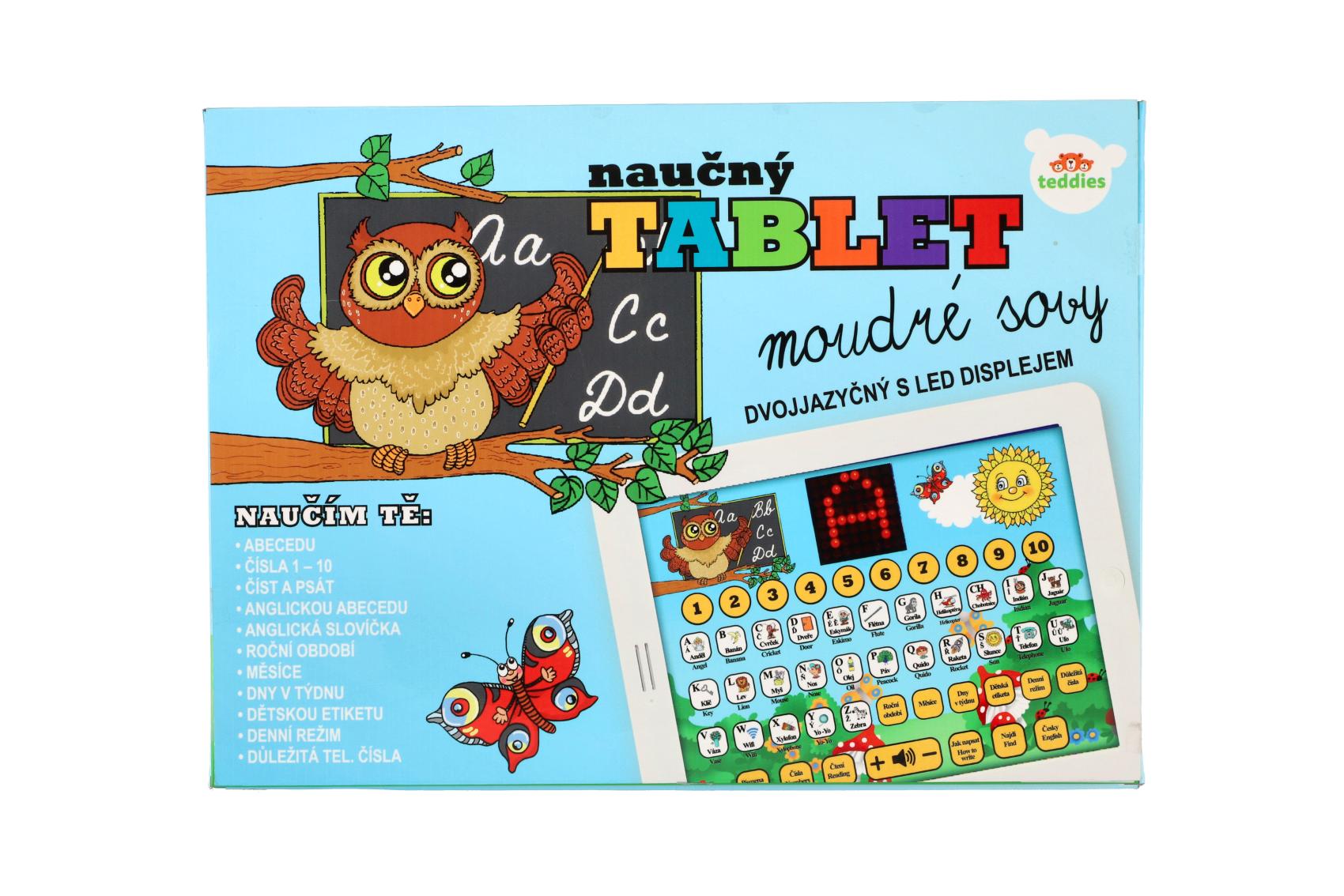 Naučný tablet moudré sovy dvojjazyčný CZ+AJ plast 24x19x2cm na baterie se zvukem v krabici 32x23x3cm