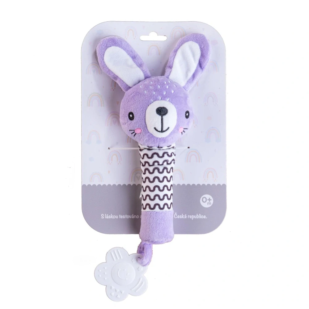 Zajíček babyted pískátko/kousátko plyš 25cm fialový na kartě v sáčku 0m+