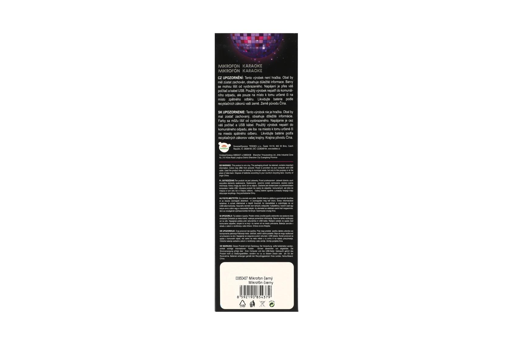 Mikrofon Karaoke Bluetooth černý na baterie s USB kabelem v krabici 10x28x8,5cm